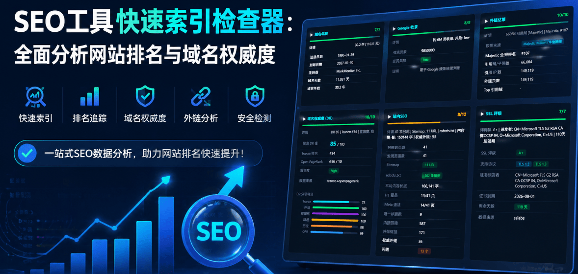 SEO工具快速索引检查器：全面分析网站排名与域名权威度